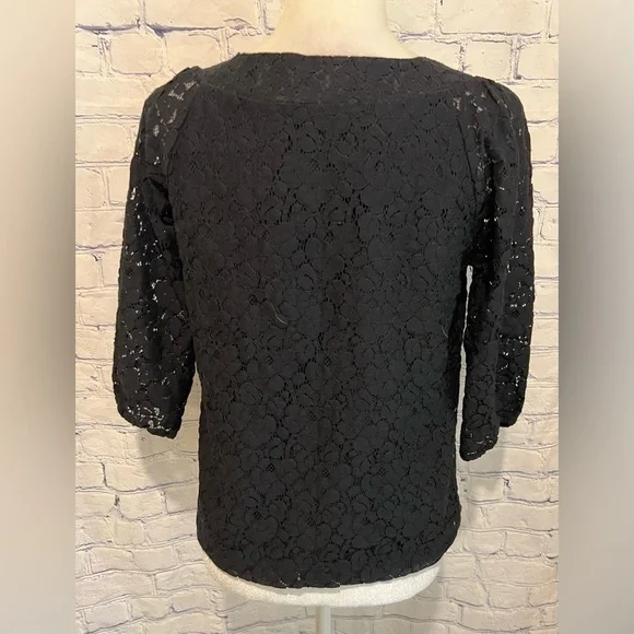 New York & Company Top Size Small Black Lace Overlay Cropped Cotton Square Neck - Picture 4 of 6